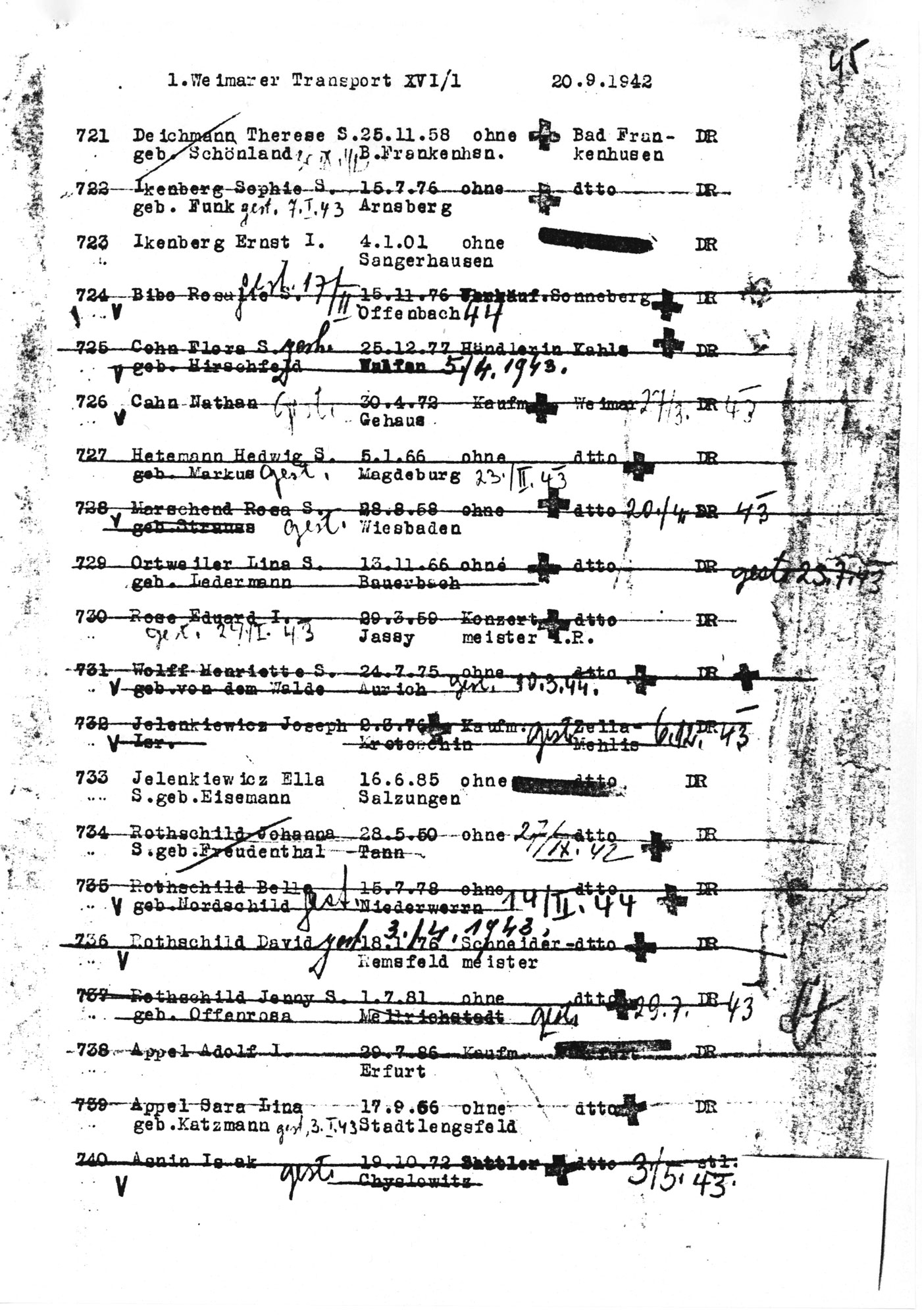 Transportliste vom 20. September 1942 in das „Altersghetto“ Theresienstadt. Verzeichnet unter Nr. 727: Hedwig Hetemann.