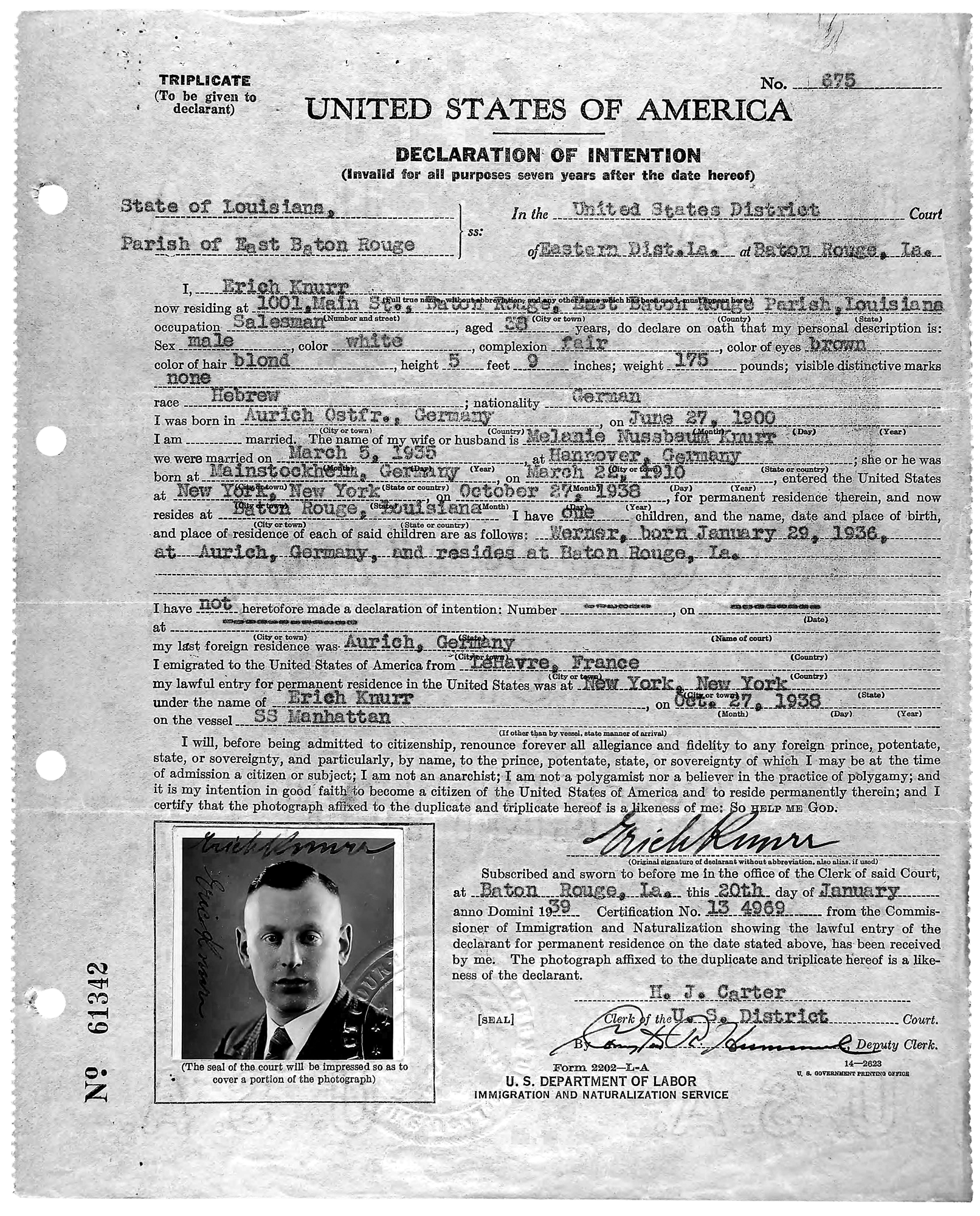 Einbürgerungsantrag von Erich Knurr aus dem Jahre 1939