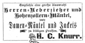 In der „Ostfriesischen Tageszeitung“ inserierte das Fachgeschäft H.C. Knurr bis in die 1930er Jahre die Waren