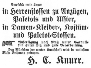 In der „Ostfriesischen Tageszeitung“ inserierte das Fachgeschäft H.C. Knurr bis in die 1930er Jahre die Waren