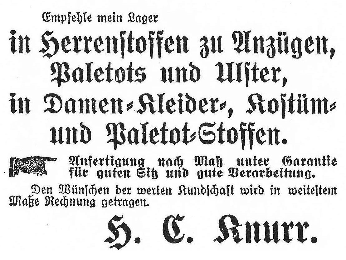 In der „Ostfriesischen Tageszeitung“ inserierte das Fachgeschäft H.C. Knurr bis in die 1930er Jahre die Waren